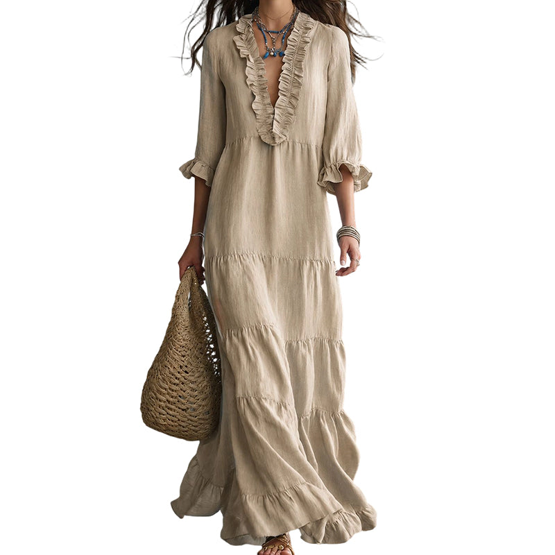 👗 50% RABATT! ✨ Damen Rüschenbesatz V-Ausschnitt Maxikleid – Gestuft, leicht & romantisch – Perfekt für Sommer, Strand oder besondere Anlässe – femininer Look mit viel Bewegung 🌸💃☀️-10