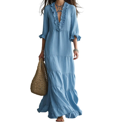 👗 50% RABATT! ✨ Damen Rüschenbesatz V-Ausschnitt Maxikleid – Gestuft, leicht & romantisch – Perfekt für Sommer, Strand oder besondere Anlässe – femininer Look mit viel Bewegung 🌸💃☀️-12