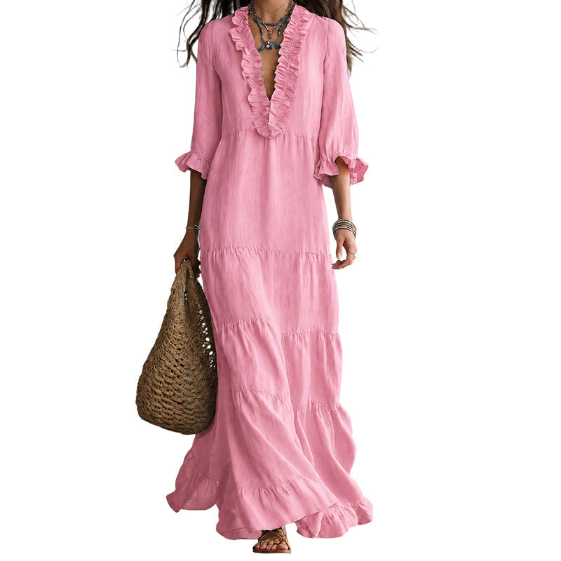 👗 50% RABATT! ✨ Damen Rüschenbesatz V-Ausschnitt Maxikleid – Gestuft, leicht & romantisch – Perfekt für Sommer, Strand oder besondere Anlässe – femininer Look mit viel Bewegung 🌸💃☀️-13