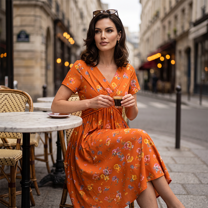🔥Heißer Verkauf 50% Rabatt🔥👗Damenkleid mit V-Ausschnitt, Blumenmuster und gedrehter Taille✨