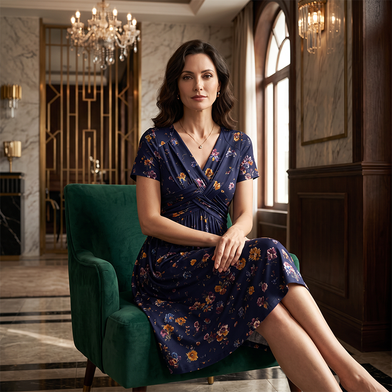 🌸🔥50% RABATT!🔥🔥Blumiges V-Ausschnitt-Kleid mit Taillendrehung – elegant und lässig für jeden Anlass-11