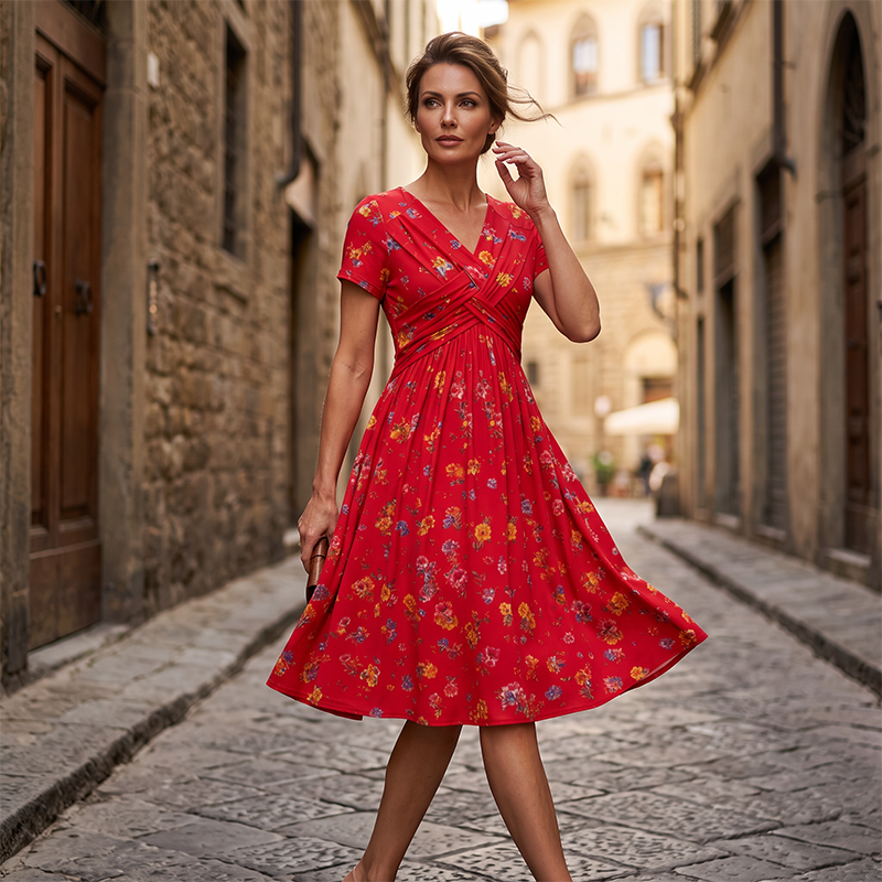 🌸🔥50% RABATT!🔥🔥Blumiges V-Ausschnitt-Kleid mit Taillendrehung – elegant und lässig für jeden Anlass-10