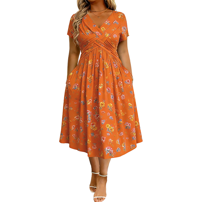 🌸🔥50% RABATT!🔥🔥Blumiges V-Ausschnitt-Kleid mit Taillendrehung – elegant und lässig für jeden Anlass-14