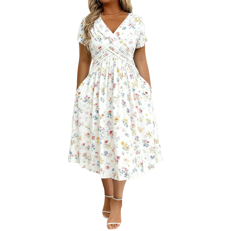 🌸🔥50% RABATT!🔥🔥Blumiges V-Ausschnitt-Kleid mit Taillendrehung – elegant und lässig für jeden Anlass-18