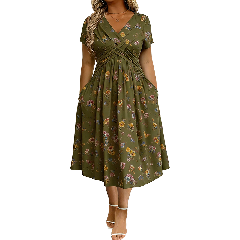 🌸🔥50% RABATT!🔥🔥Blumiges V-Ausschnitt-Kleid mit Taillendrehung – elegant und lässig für jeden Anlass-16