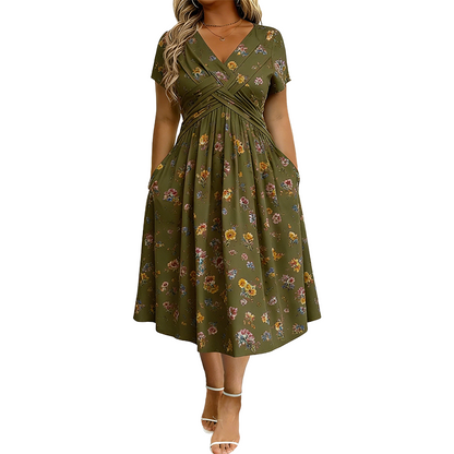 🌸🔥50% RABATT!🔥🔥Blumiges V-Ausschnitt-Kleid mit Taillendrehung – elegant und lässig für jeden Anlass-16