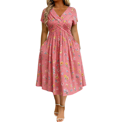 🌸🔥50% RABATT!🔥🔥Blumiges V-Ausschnitt-Kleid mit Taillendrehung – elegant und lässig für jeden Anlass-15