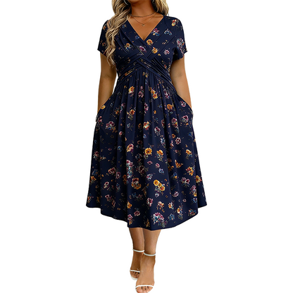 🌸🔥50% RABATT!🔥🔥Blumiges V-Ausschnitt-Kleid mit Taillendrehung – elegant und lässig für jeden Anlass-17