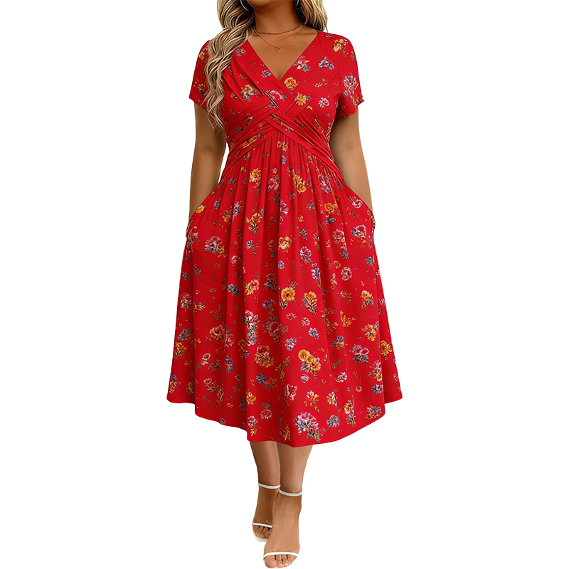 🌸🔥50% RABATT!🔥🔥Blumiges V-Ausschnitt-Kleid mit Taillendrehung – elegant und lässig für jeden Anlass-19