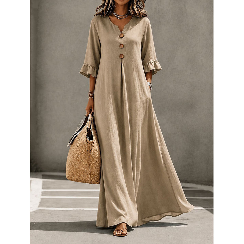 👗Maxikleid für Damen mit V-Ausschnitt und Rüschenärmeln-10