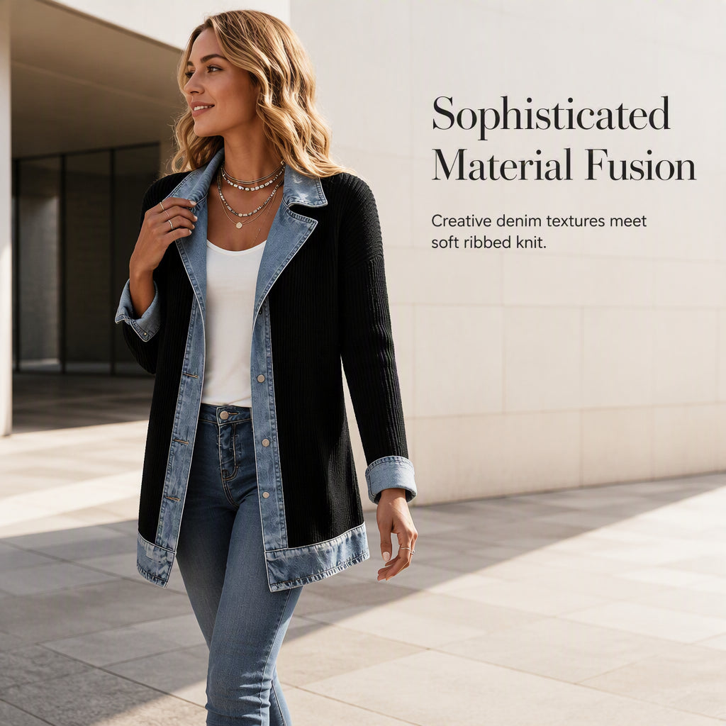 50% RABATT! ⭐ Eleganter Damenmantel aus Denim mit geripptem Strick-Einsatz-2
