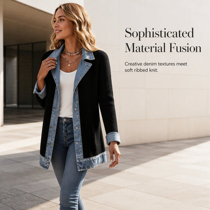 50% RABATT! ⭐ Eleganter Damenmantel aus Denim mit geripptem Strick-Einsatz-2