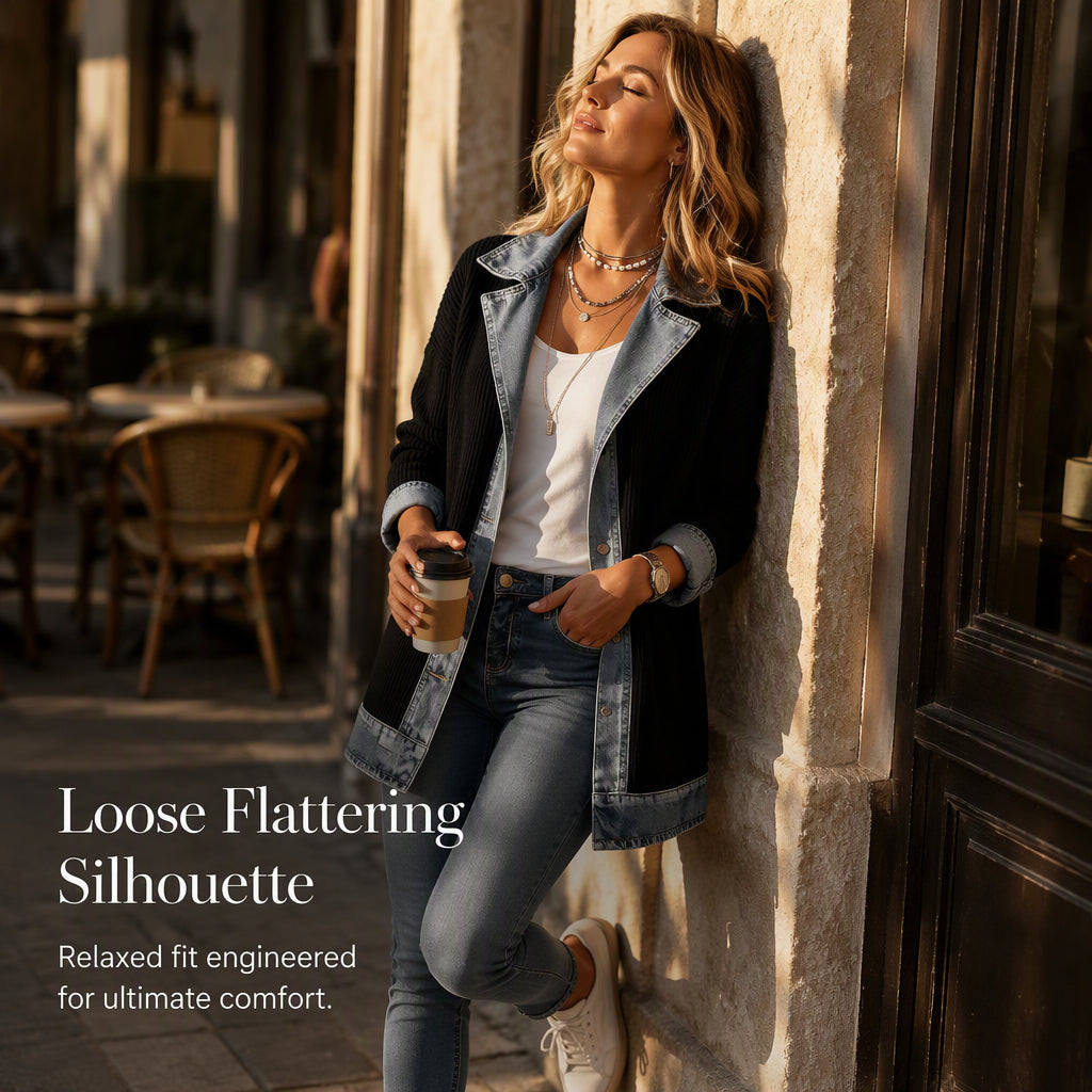 50% RABATT! ⭐ Eleganter Damenmantel aus Denim mit geripptem Strick-Einsatz-3