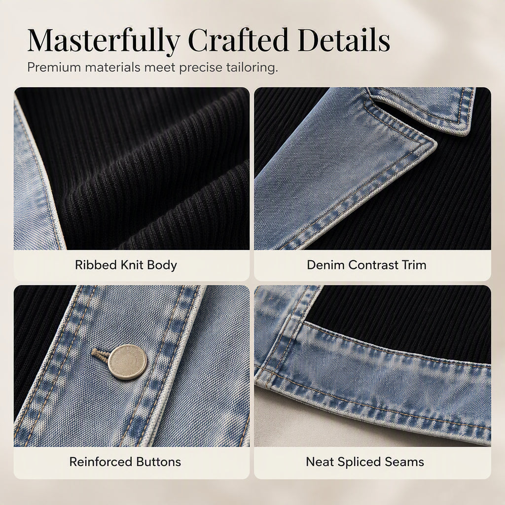 50% RABATT! ⭐ Eleganter Damenmantel aus Denim mit geripptem Strick-Einsatz-5