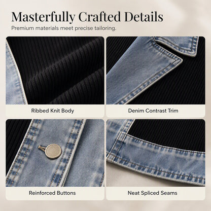 50% RABATT! ⭐ Eleganter Damenmantel aus Denim mit geripptem Strick-Einsatz-5