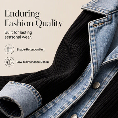 50% RABATT! ⭐ Eleganter Damenmantel aus Denim mit geripptem Strick-Einsatz-6