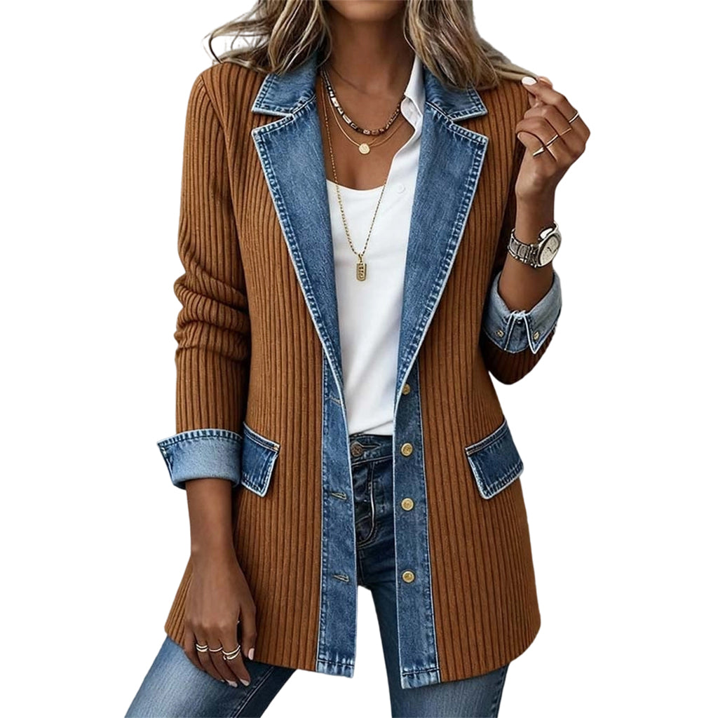 50% RABATT! ⭐ Eleganter Damenmantel aus Denim mit geripptem Strick-Einsatz-12