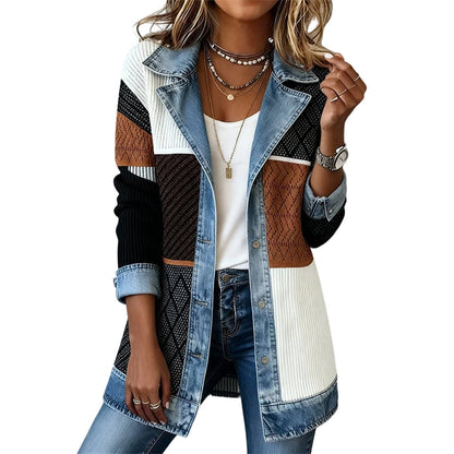 50% RABATT! ⭐ Eleganter Damenmantel aus Denim mit geripptem Strick-Einsatz-13