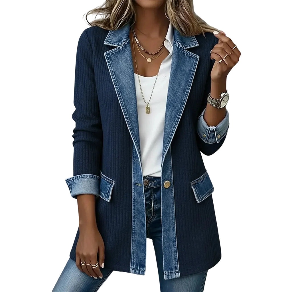 50% RABATT! ⭐ Eleganter Damenmantel aus Denim mit geripptem Strick-Einsatz-15