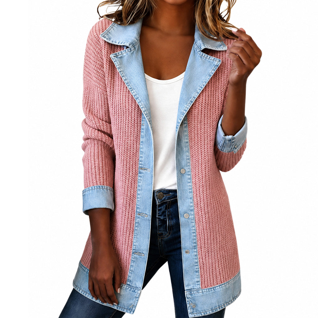 50% RABATT! ⭐ Eleganter Damenmantel aus Denim mit geripptem Strick-Einsatz-18