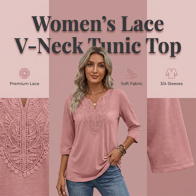 ☀️👚Top-Empfehlung – Bluse mit V-Ausschnitt und Spitzenbesatz – atmungsaktiver Stoff und figurschmeichelnder Fall für Arbeit oder Wochenende 🌿-3