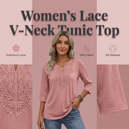 ☀️👚Top-Empfehlung – Bluse mit V-Ausschnitt und Spitzenbesatz – atmungsaktiver Stoff und figurschmeichelnder Fall für Arbeit oder Wochenende 🌿-3
