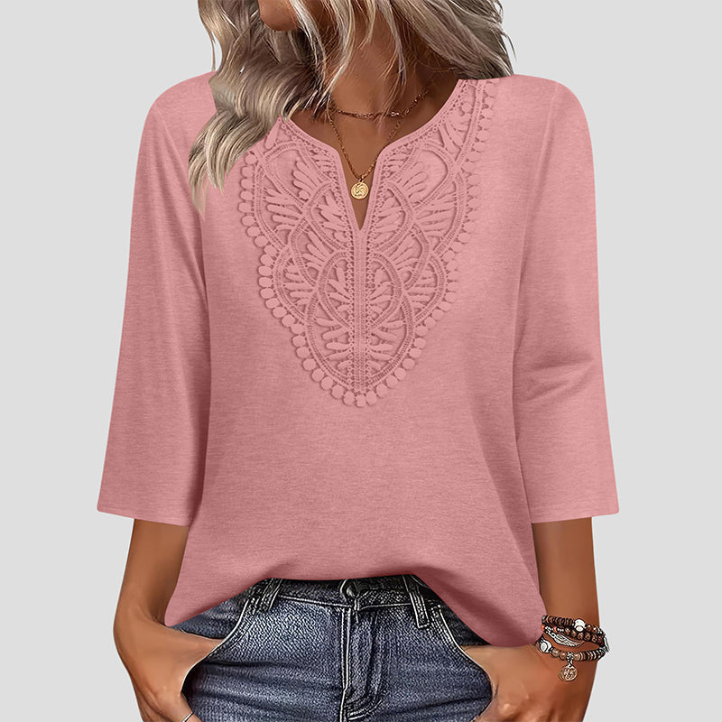 ☀️👚Top-Empfehlung – Bluse mit V-Ausschnitt und Spitzenbesatz – atmungsaktiver Stoff und figurschmeichelnder Fall für Arbeit oder Wochenende 🌿-14