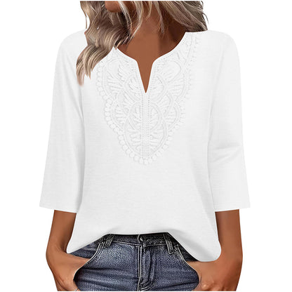 ☀️👚Top-Empfehlung – Bluse mit V-Ausschnitt und Spitzenbesatz – atmungsaktiver Stoff und figurschmeichelnder Fall für Arbeit oder Wochenende 🌿-15