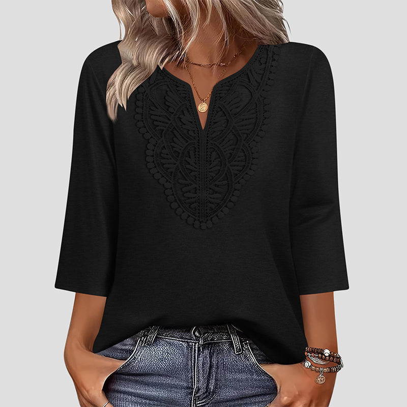 ☀️👚Top-Empfehlung – Bluse mit V-Ausschnitt und Spitzenbesatz – atmungsaktiver Stoff und figurschmeichelnder Fall für Arbeit oder Wochenende 🌿-7