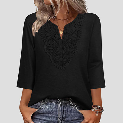 ☀️👚Top-Empfehlung – Bluse mit V-Ausschnitt und Spitzenbesatz – atmungsaktiver Stoff und figurschmeichelnder Fall für Arbeit oder Wochenende 🌿-7