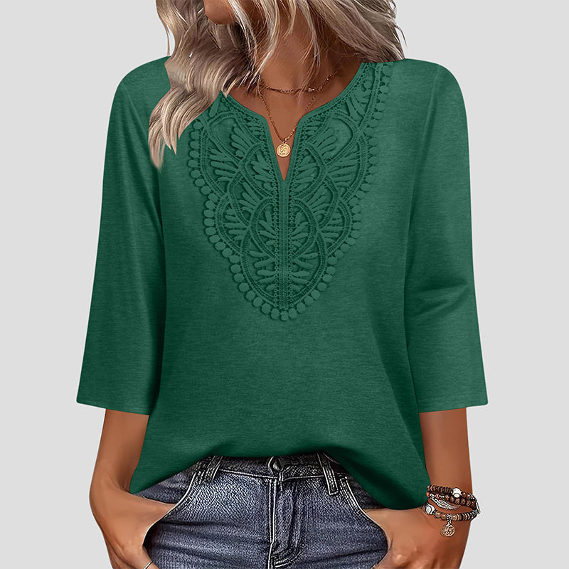 ☀️👚Top-Empfehlung – Bluse mit V-Ausschnitt und Spitzenbesatz – atmungsaktiver Stoff und figurschmeichelnder Fall für Arbeit oder Wochenende 🌿-4