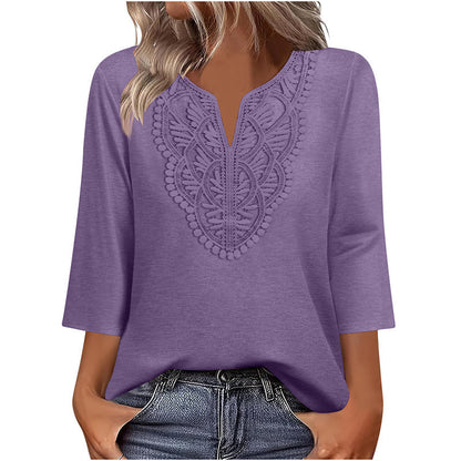 ☀️👚Top-Empfehlung – Bluse mit V-Ausschnitt und Spitzenbesatz – atmungsaktiver Stoff und figurschmeichelnder Fall für Arbeit oder Wochenende 🌿-5
