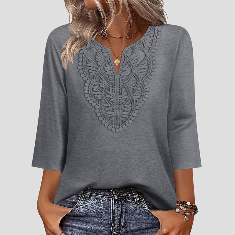 ☀️👚Top-Empfehlung – Bluse mit V-Ausschnitt und Spitzenbesatz – atmungsaktiver Stoff und figurschmeichelnder Fall für Arbeit oder Wochenende 🌿-8