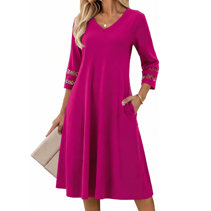 ⌛Zeitlich begrenztes Angebot-Legeres V-Ausschnitt-Midikleid für Damen-14