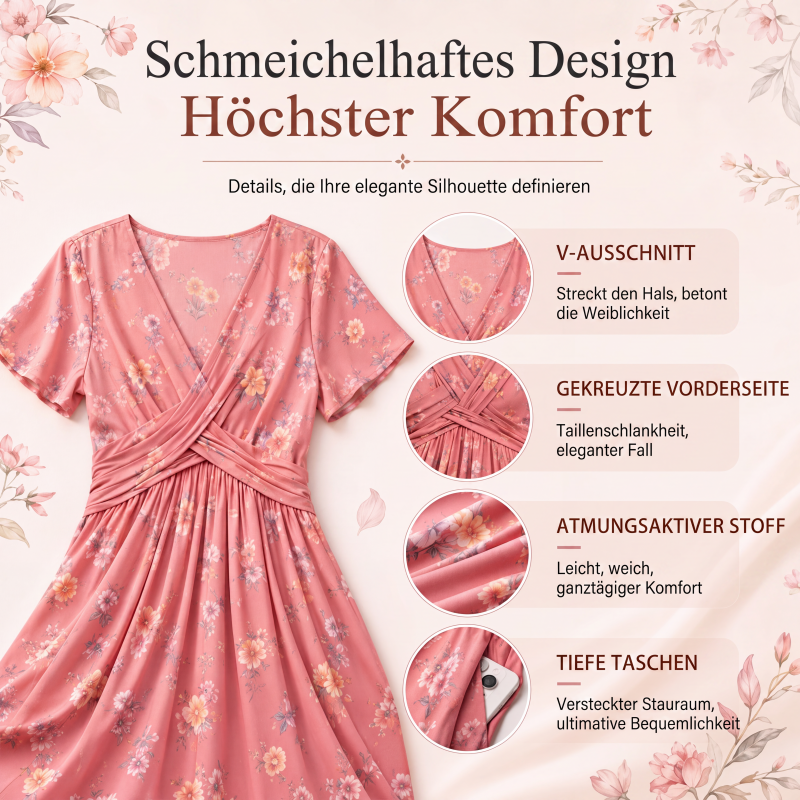 🌸🔥50% RABATT!🔥🔥Blumiges V-Ausschnitt-Kleid mit Taillendrehung – elegant und lässig für jeden Anlass-5