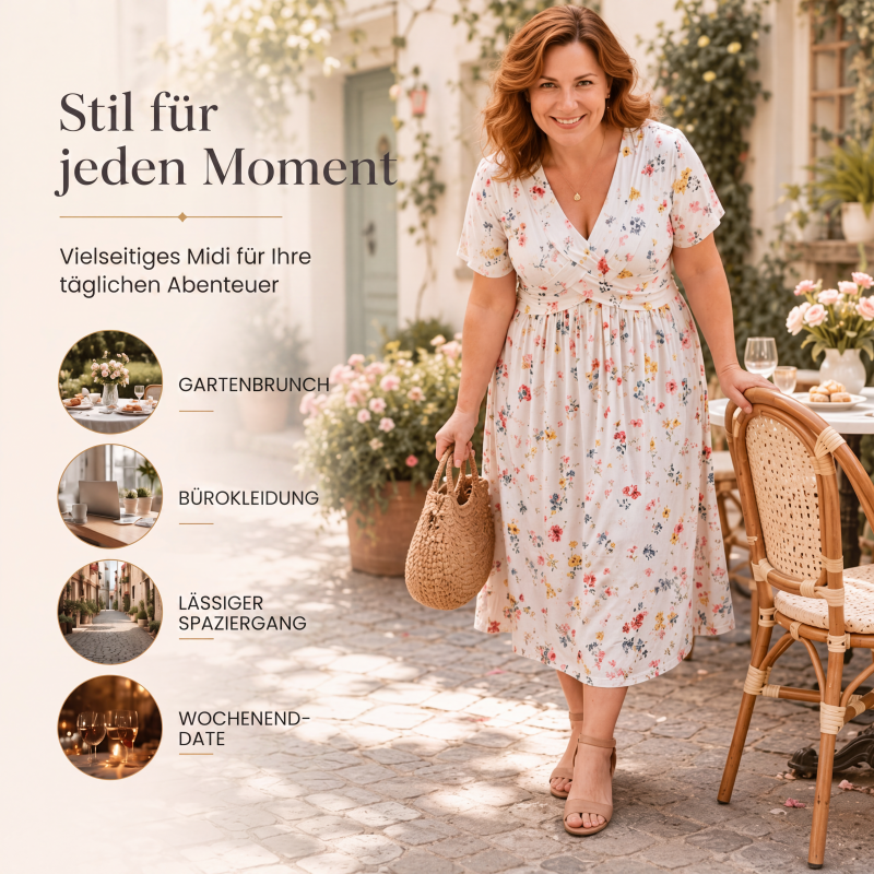 🌸🔥50% RABATT!🔥🔥Blumiges V-Ausschnitt-Kleid mit Taillendrehung – elegant und lässig für jeden Anlass-9