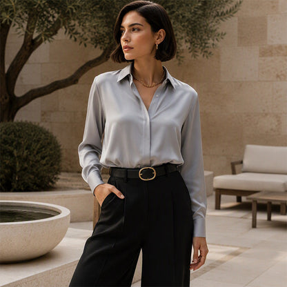 Vielseitiges, seidenweiches Satin-Langarmhemd für Damen-8