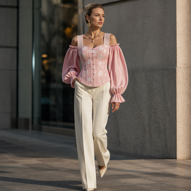 Damen Cold-Shoulder-Oberteil aus geblümten Jacquard-3