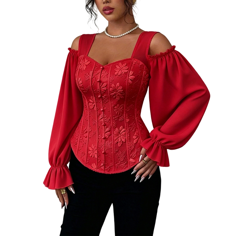 Damen Cold-Shoulder-Oberteil aus geblümten Jacquard-12