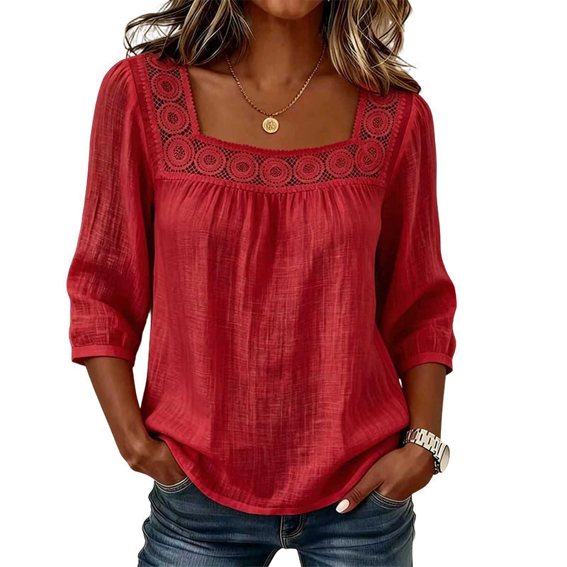 📢📢50%Rabatt!!!🎉✨Damen-Bluse mit Spitze und Häkelarbeit, eckiger Ausschnitt-6