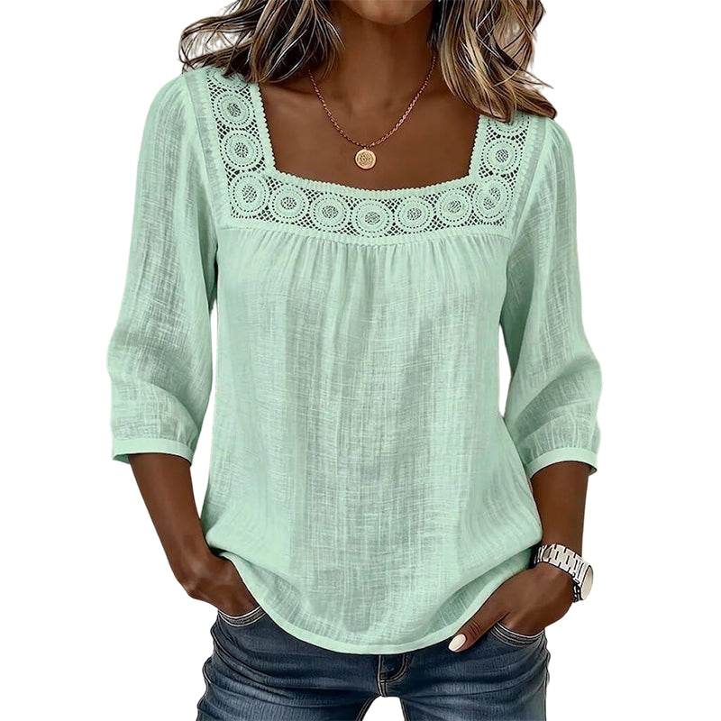 📢📢50%Rabatt!!!🎉✨Damen-Bluse mit Spitze und Häkelarbeit, eckiger Ausschnitt-5