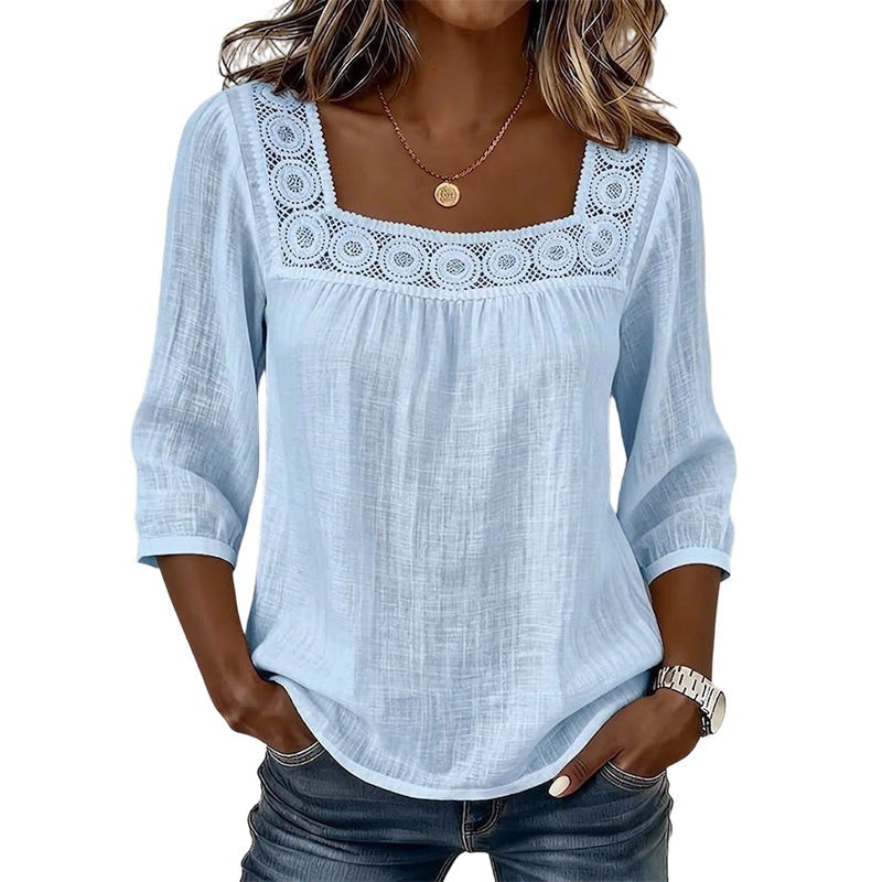 📢📢50%Rabatt!!!🎉✨Damen-Bluse mit Spitze und Häkelarbeit, eckiger Ausschnitt-8