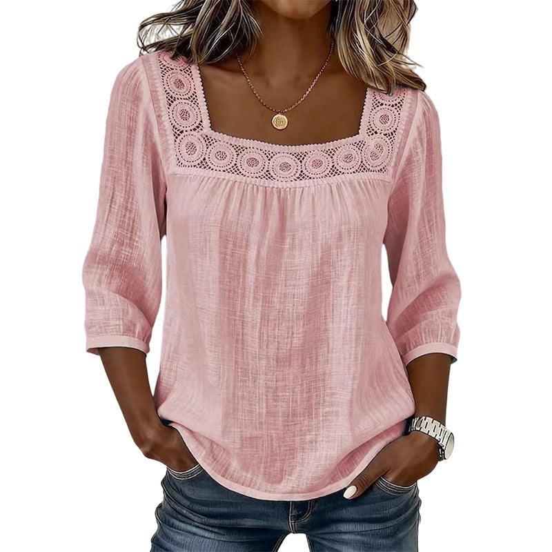 📢📢50%Rabatt!!!🎉✨Damen-Bluse mit Spitze und Häkelarbeit, eckiger Ausschnitt-10
