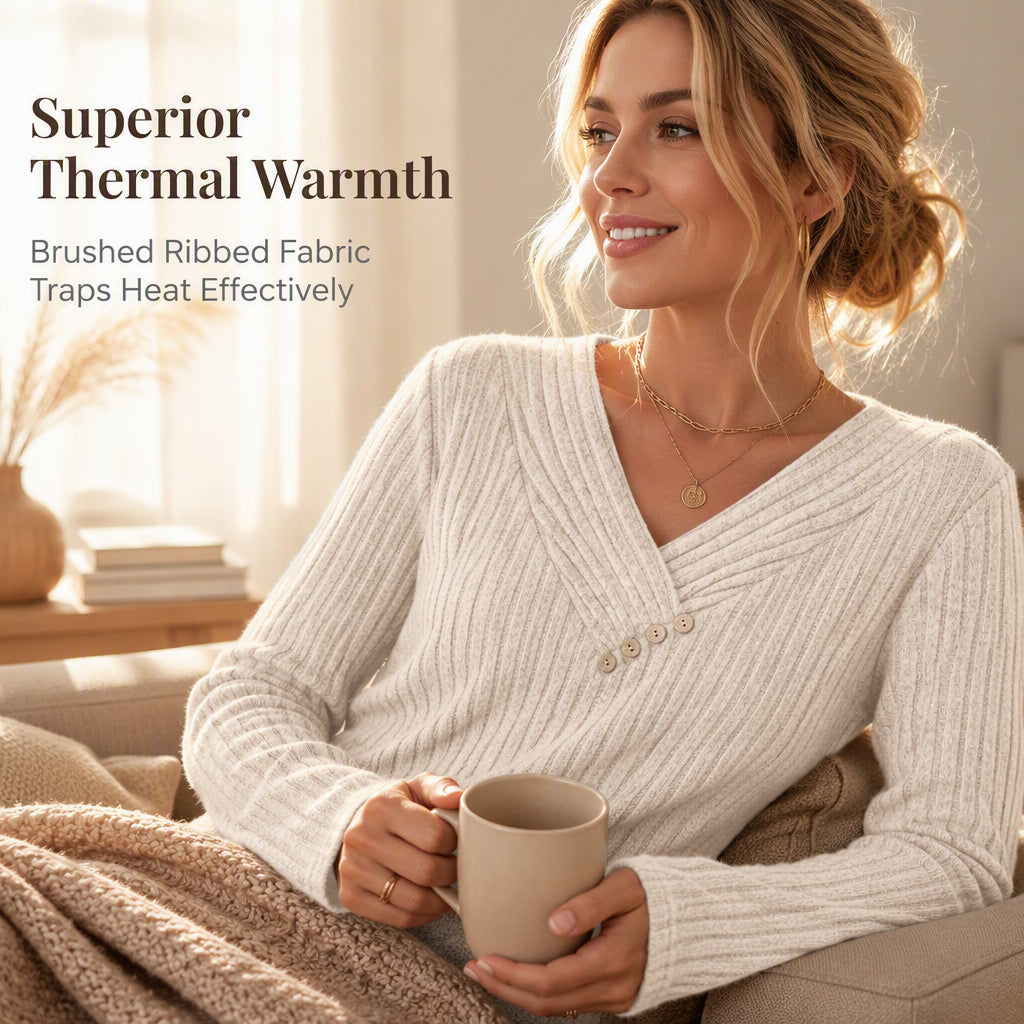📢📢50%Rabatt!!!🎉✨Damen Geripptes Strick V-Ausschnitt Top mit Dekorativen Knöpfen-4