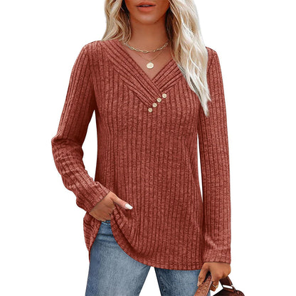📢📢50%Rabatt!!!🎉✨Damen Geripptes Strick V-Ausschnitt Top mit Dekorativen Knöpfen-11