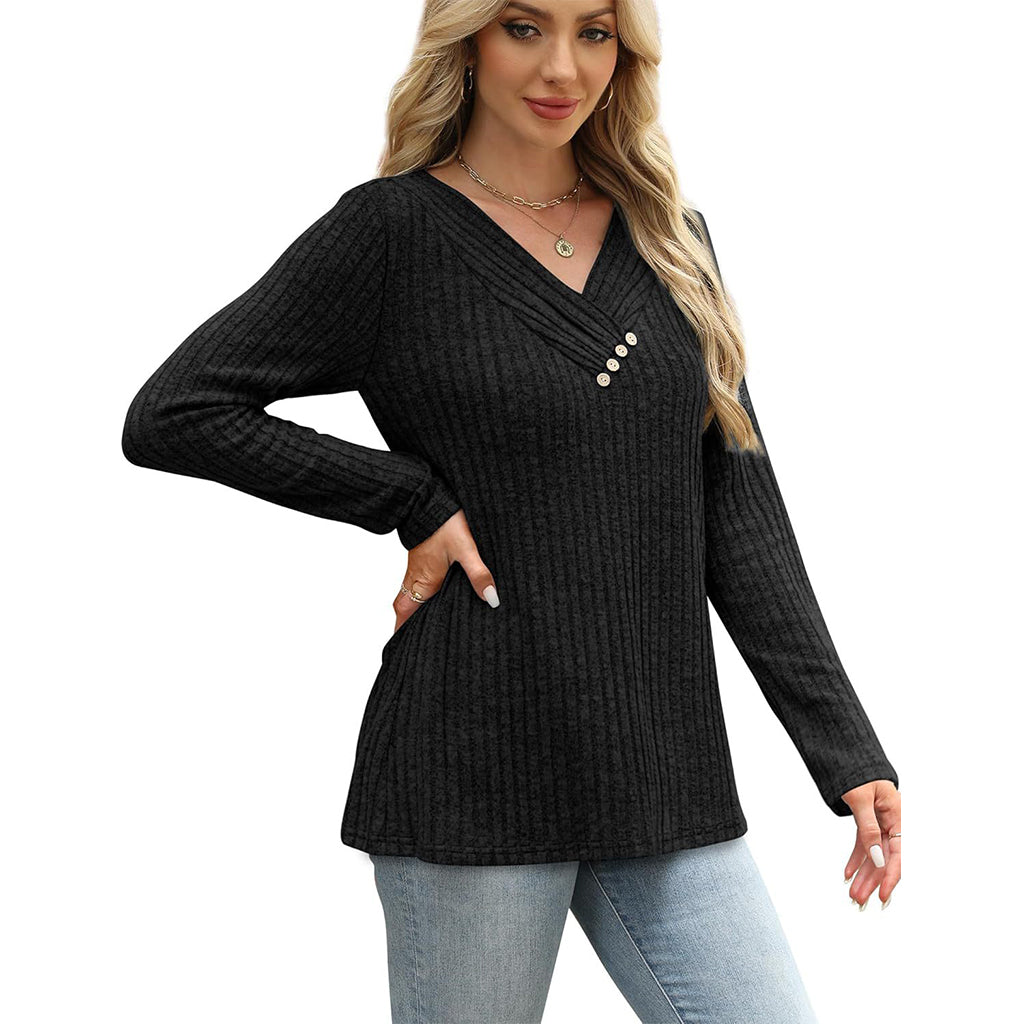 📢📢50%Rabatt!!!🎉✨Damen Geripptes Strick V-Ausschnitt Top mit Dekorativen Knöpfen-12