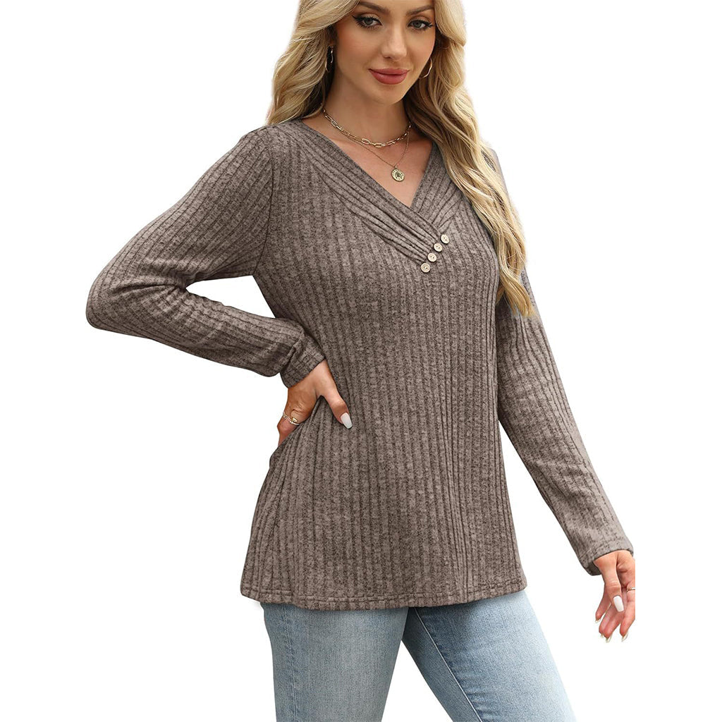 📢📢50%Rabatt!!!🎉✨Damen Geripptes Strick V-Ausschnitt Top mit Dekorativen Knöpfen-13