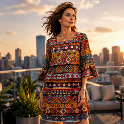 ⌛ Nur solange Vorrat reicht – danach regulärer Preis! Damen Kleid mit Ethno-Muster, V-Ausschnitt und Stufenrock-5