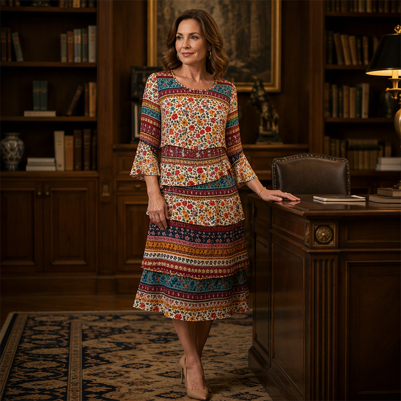 ⌛ Nur solange Vorrat reicht – danach regulärer Preis! Damen Kleid mit Ethno-Muster, V-Ausschnitt und Stufenrock-6