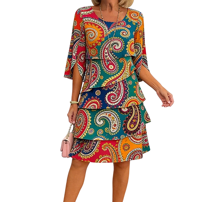 ⌛ Nur solange Vorrat reicht – danach regulärer Preis! Damen Kleid mit Ethno-Muster, V-Ausschnitt und Stufenrock-9